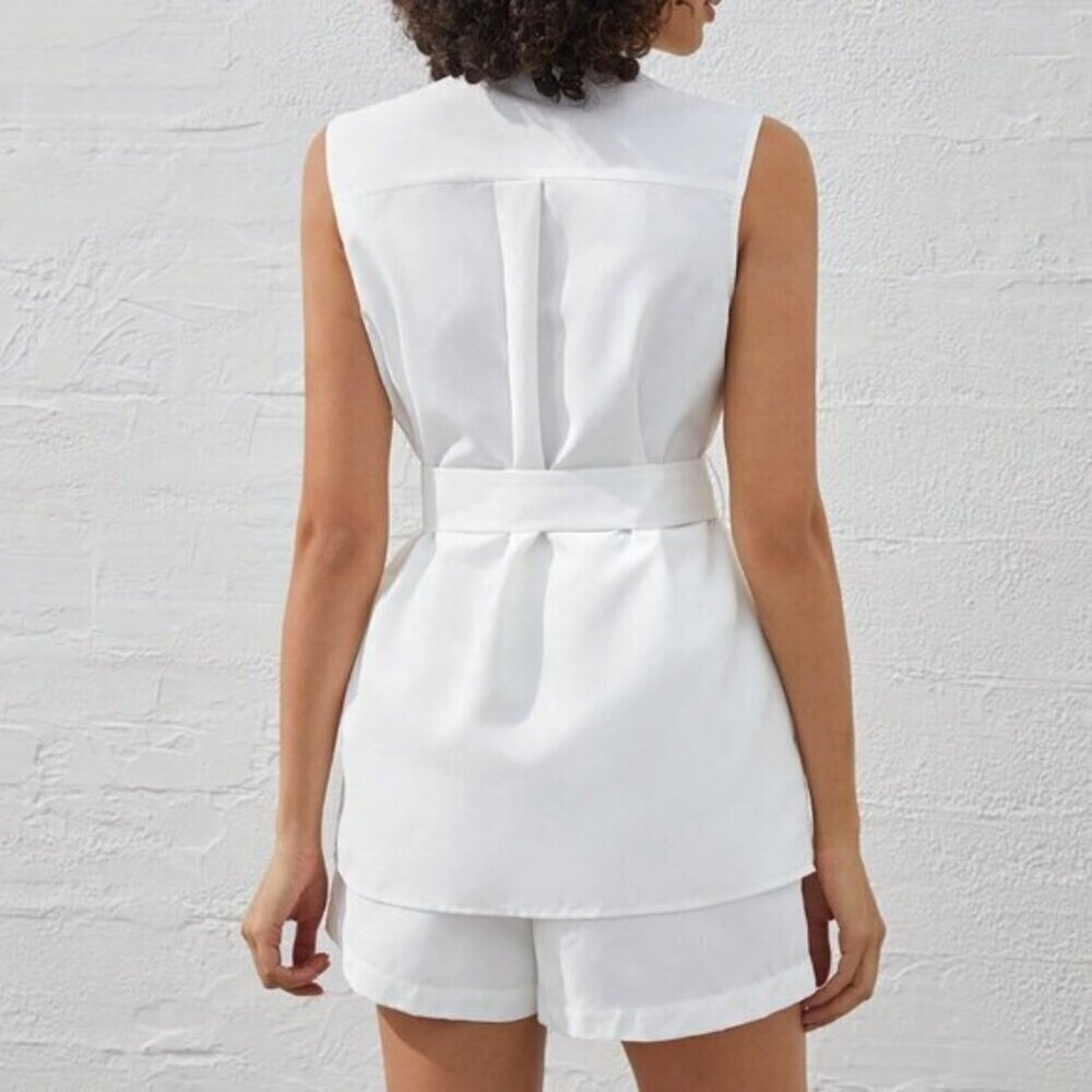 White Casual Women's Flip Pocket Front Sleeveless Top And Shorts Set - Picture 2 of 9